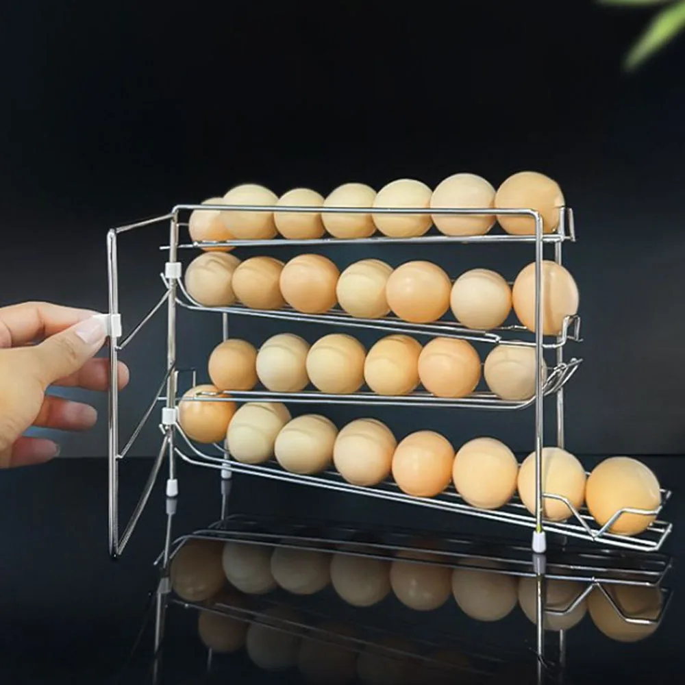 30 Grids Refrigerator Metal Egg Storage Box Plastic Space Saving Automatic Scrolling Egg Holder Large Capacity Dedicated