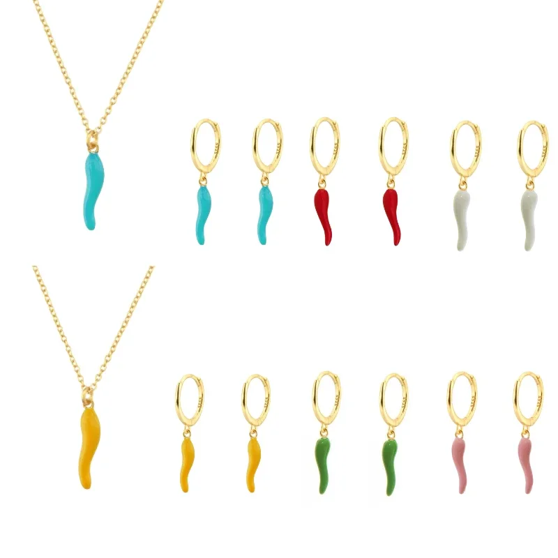 Filled Enamel Cute Colorful Chili Pendant Necklace Drop Earrings Fashion Gold Color Chains Jewelry Set for Women