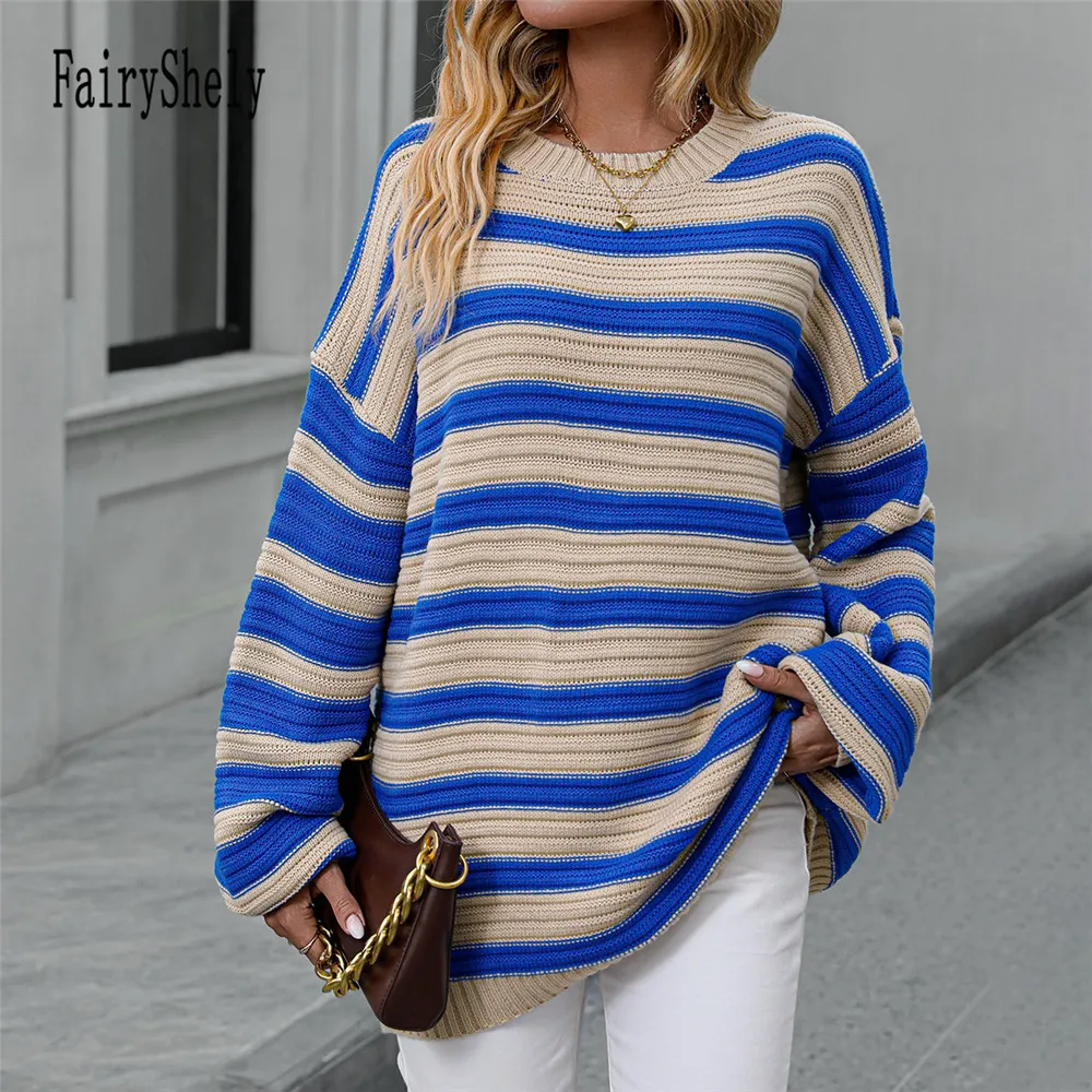 Fairyshely 2024 Autumn Winter Long Sleeve Striped Sweater Women Casual O-Neck Patchwork Pullover Ladies Loose Knit Warm Jumpers