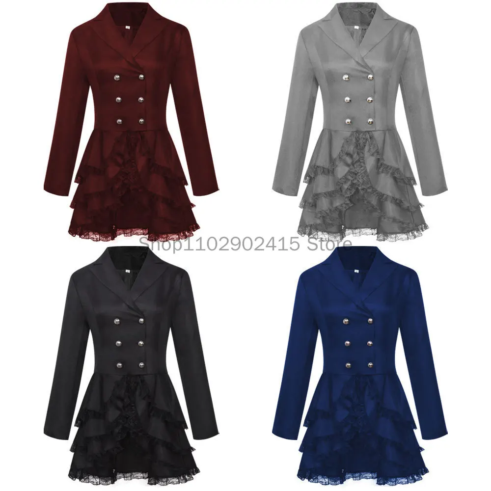 

2023 Medieval costume New Mid-Length Punk Women Gothic Jacquard Double-Breasted Suit Black Swallowtail Coat European American