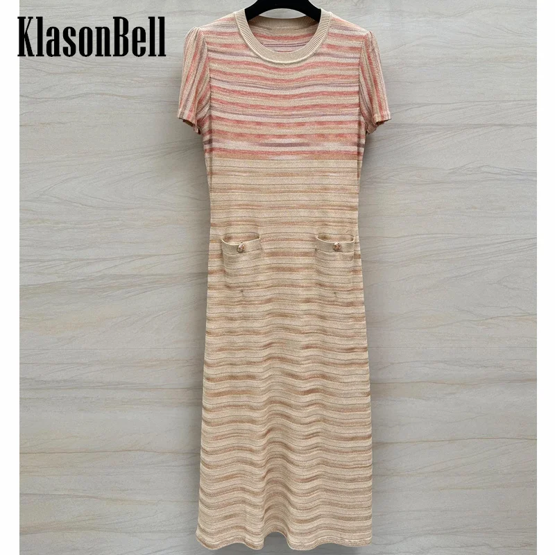 

4.29 KlasonBell Classic Striped Contrast Color O-Neck Knit Dress Women Metal Button Pocket Temperament Sweet Slim Dress