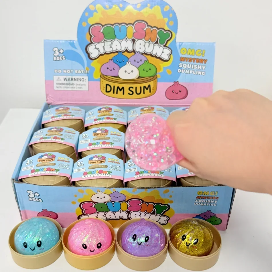 Glitzernde Dumpling-Squishy mit Box, sensorische Dampfgulasch-Kugeln, weicher TPR-Teigball zur Entspannung, Fidget-Spielzeug, Stressabbau-Geschenk – Detail 4