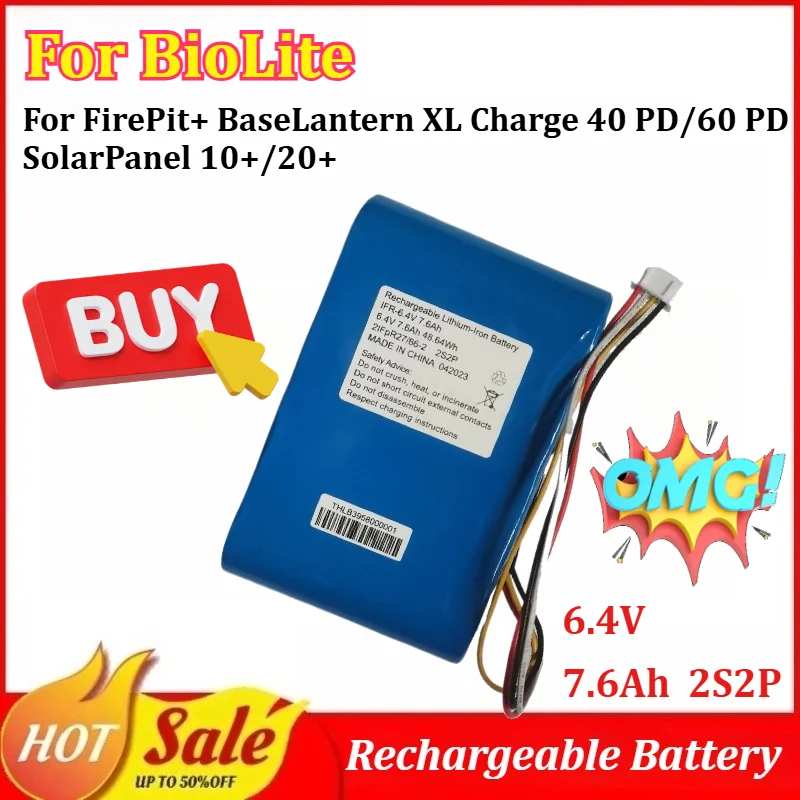 

IFR-6.4V 7.6Ah 48.64Wh 2S2P Rechargeable Lithium-Iron Battery for BioLite FirePit+ BaseLantern XL Charge 40 PD/60 PD