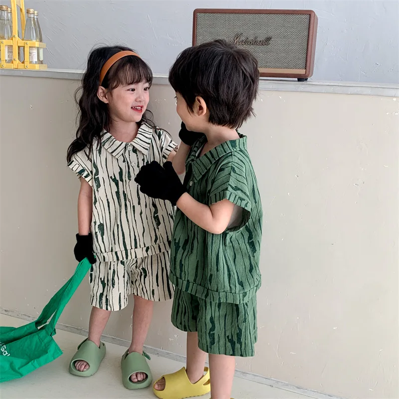 

2024 Summer New Children Cotton and Design Short Sleeve Boys and Girls Shorts Two Piece Set