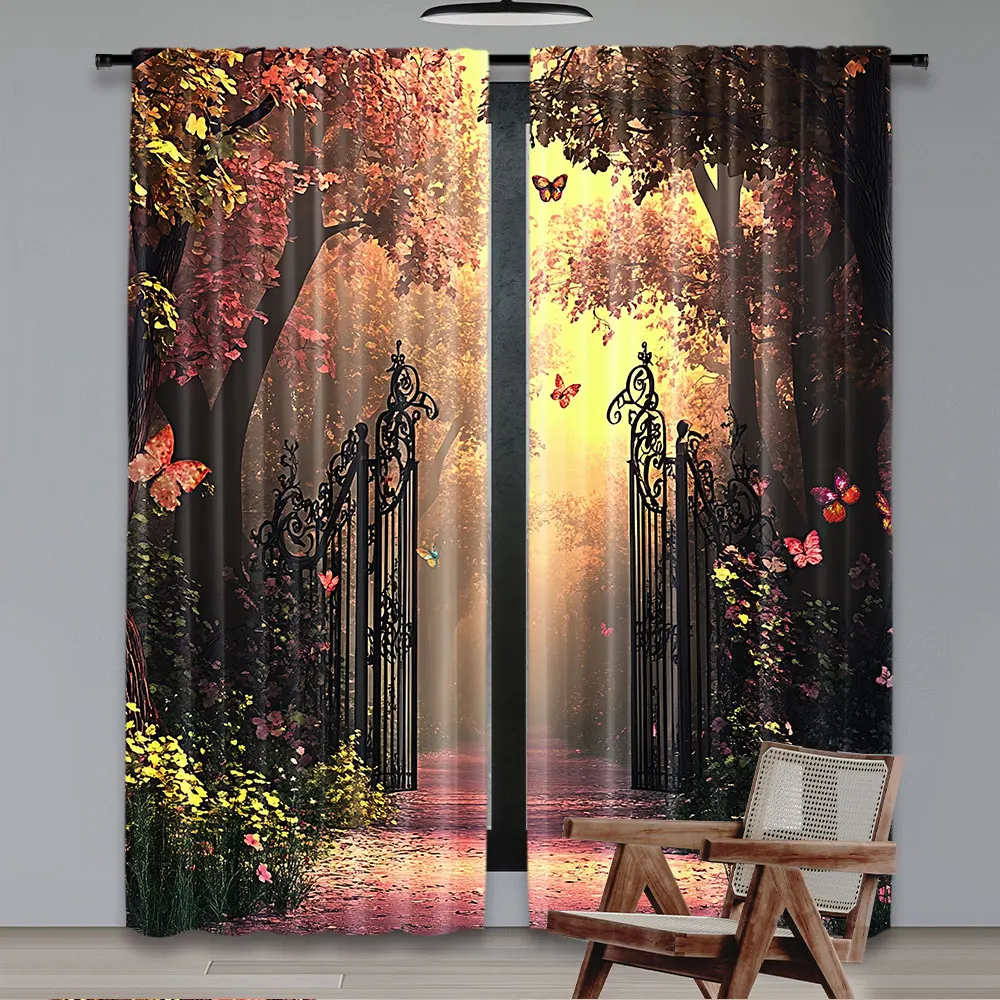 2Pcs Fantasy Nature Curtains Gate Fantasy Forest Theme Curtains Magic Dreamland Fairy Landscape Suitable For Bedroom Bathroom