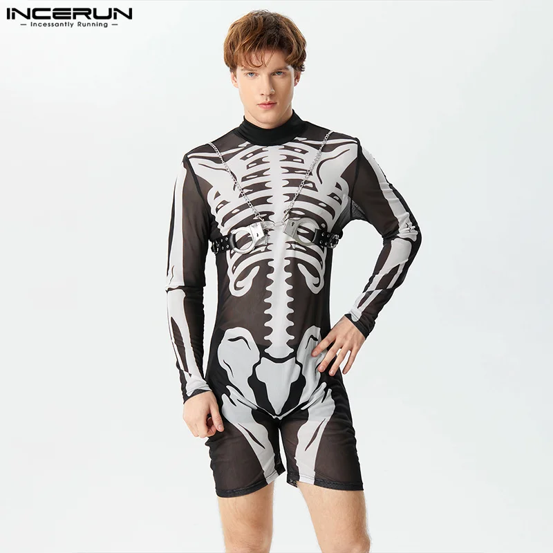 INCERUN 2023 Sexy Style Homewear Rompers New Men Skeleton Print Pattern Jumpsuit Mesh Half High Neck Long Sleeve Bodysuits S-3XL