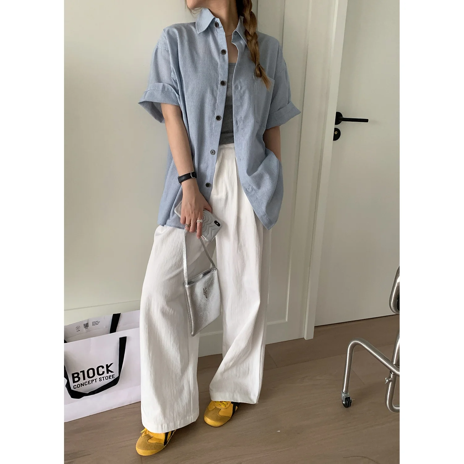 

Y Studio, прямые широкие брюки с высокой талией, женские свободные летние новые утягивающие длинные брюки с белой текстурой