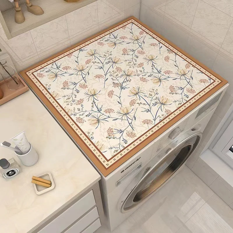 VIKAMA Ideal Floral Border Mat, Beige Black Line Art Washing Machine Laundry Room Cover,Bohemian Home Decoration