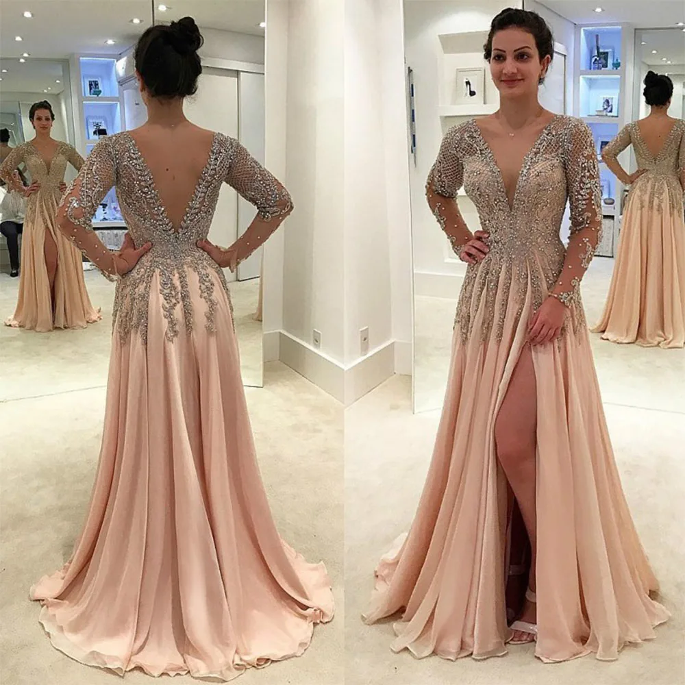 

Backless Floor Length Crystal Beading Prom Gown Long Sleeve Evening Dresses 2021 A-Line Side Slit V-Neck Chiffon Luxury Party