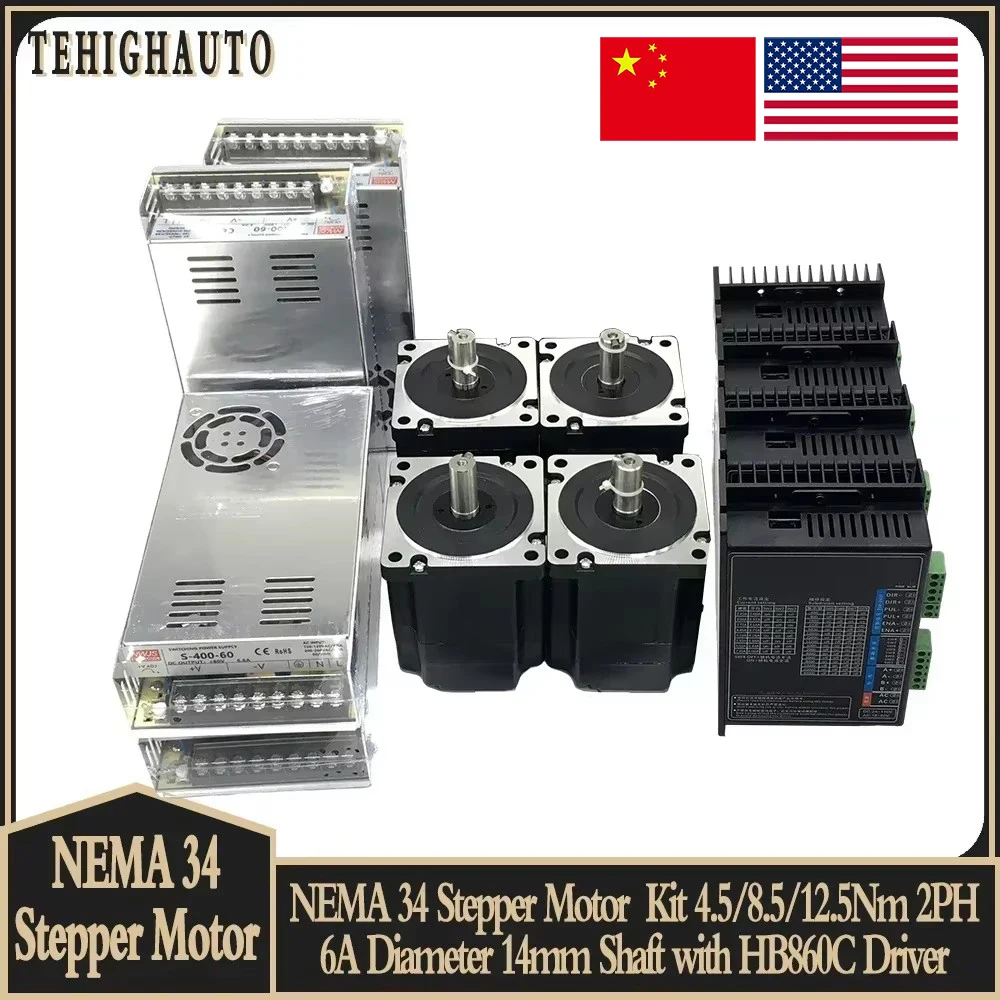Nema34 Stepper Motor Drive 400W Power Supply Kit 1-4 Axis 86 Motor 2PH 6A 14mm Shaft 4.5/8.5/12NM For CNC Engraving Machine