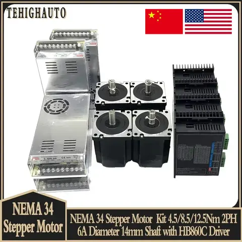 CNC Motor Nema34 Stepper Motor Drive 400W Power Supply Kit 1-4 Axis 86 Motor 2PH 6A 14mm Shaft 4.5/8.5/12NM For CNC Engraving Machine