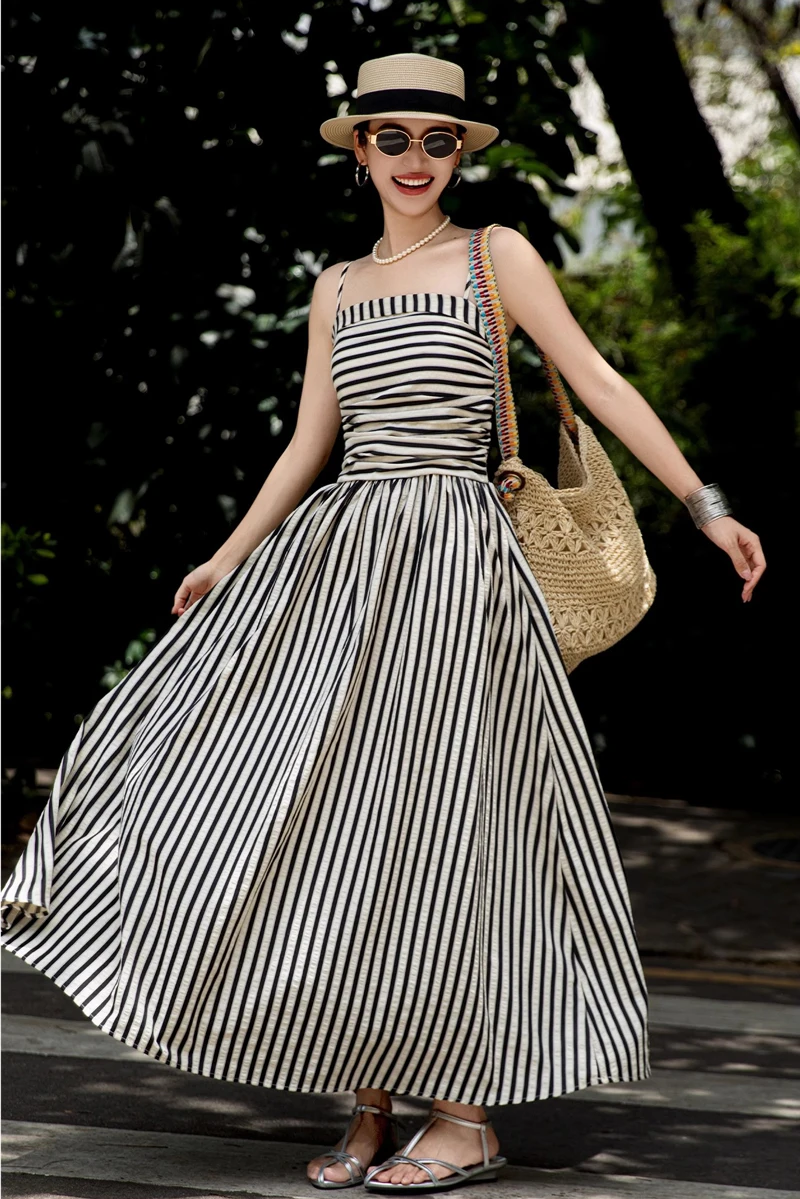 Abito Cami Midaxi da donna con dettagli arricciati e orlo intero con tasche laterali a righe sbiancate