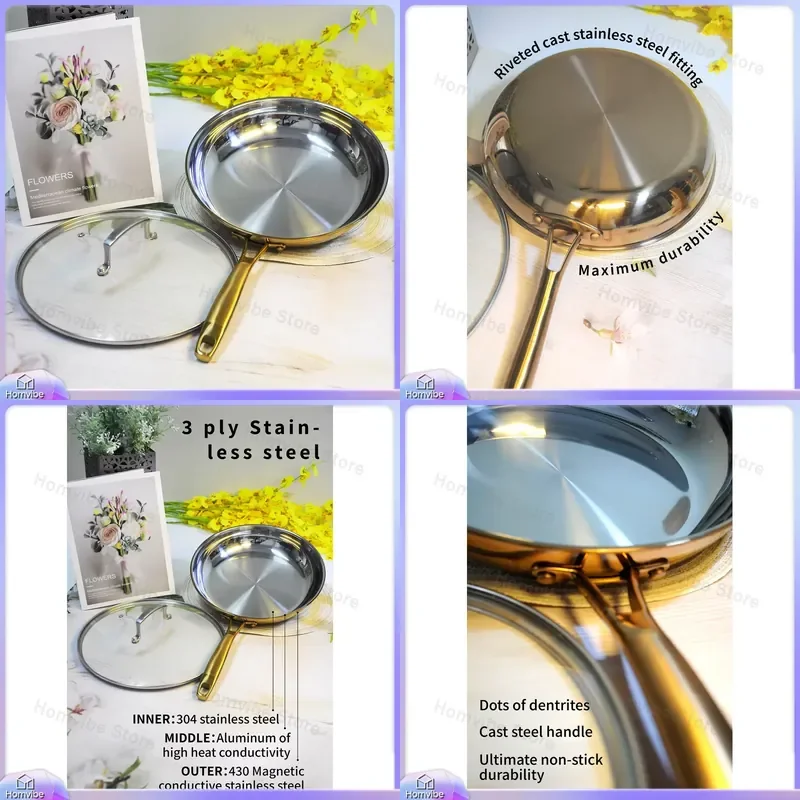 28cm Stainless Steel Frying Pan 3-Ply Clad Cookware Heavy Duty Non Stick Flat Bottom Skillet for Gas Induction