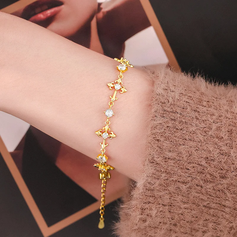 Gold Plated Golden Bracelets for Women Cross Flower Charm Hand Chain Link Orignal Fashion Jewelry With Stamp