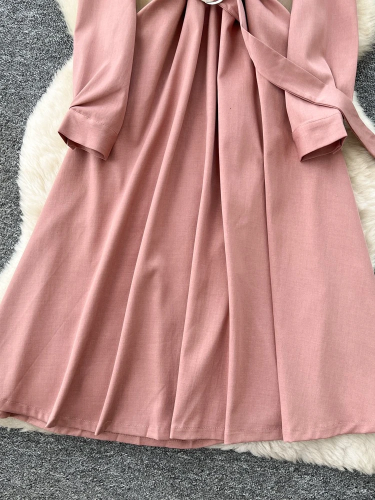 أنيقة الفرنسية خمر قميص طوق مربوط فستان المرأة الخريف طويلة الأكمام سليم صالح فستان ماكسي لينة اللف النسيج شيك نمط #4
