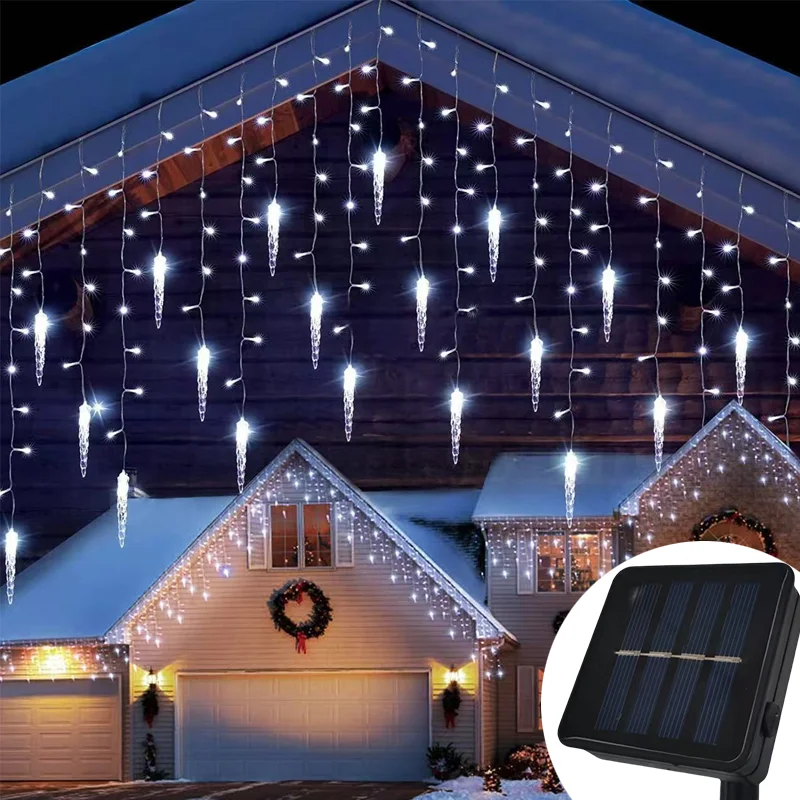LED Solar   Icicle Curtain String Lights Droop Outdoor Garden Wedding Light New Year Droop 0.5M 0.6M 0.7M Christmas Decoration