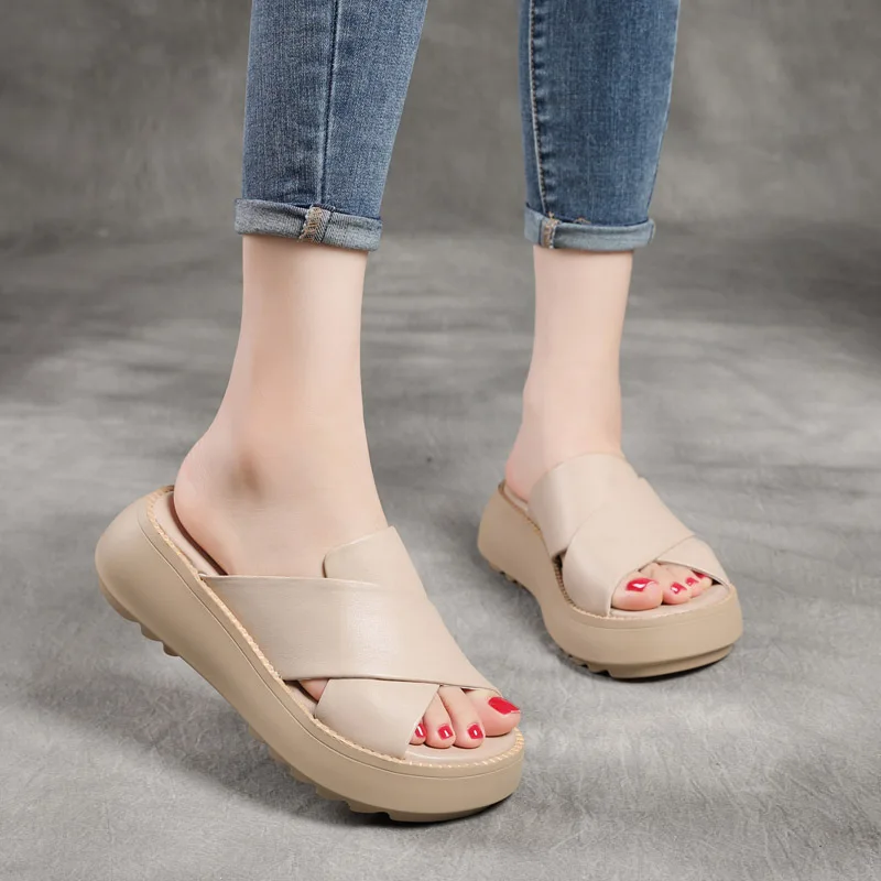 Genuine Leather Casual Platform Broadband Cross Sandals Top Layer Cowhide Open Toe High Heel Wedge Slippers New