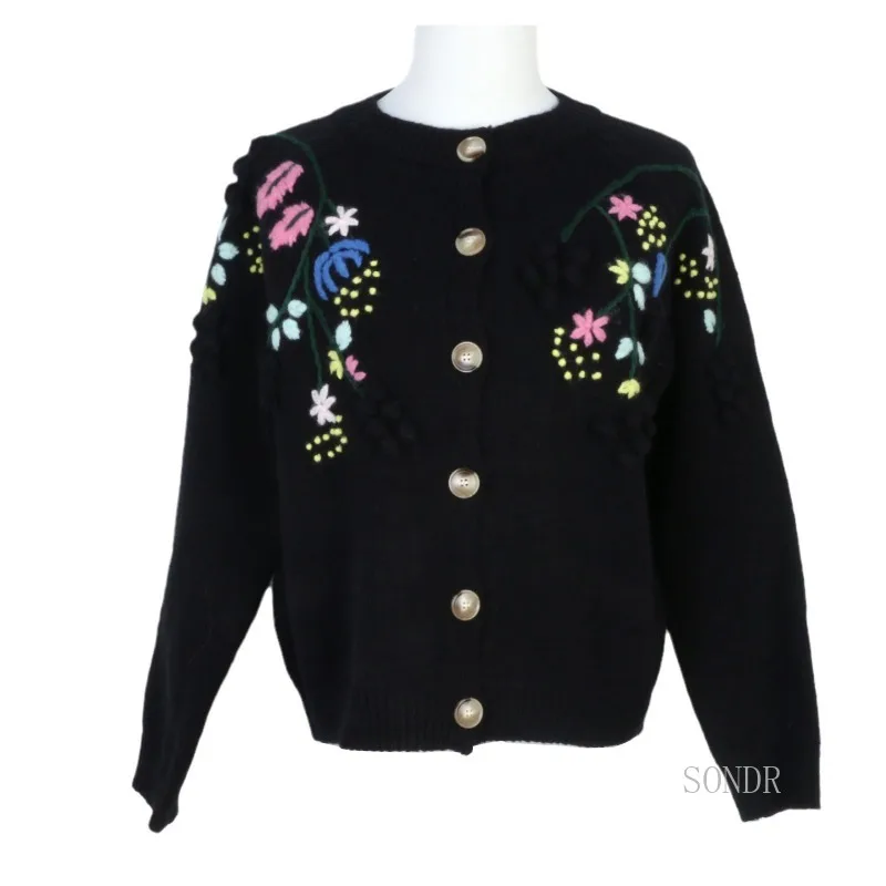 Thick Black Cardigan with Three-dimensional Flroal Women Retro Embroidered Single-breasted Sweater Knitted Jacket White Cardigan