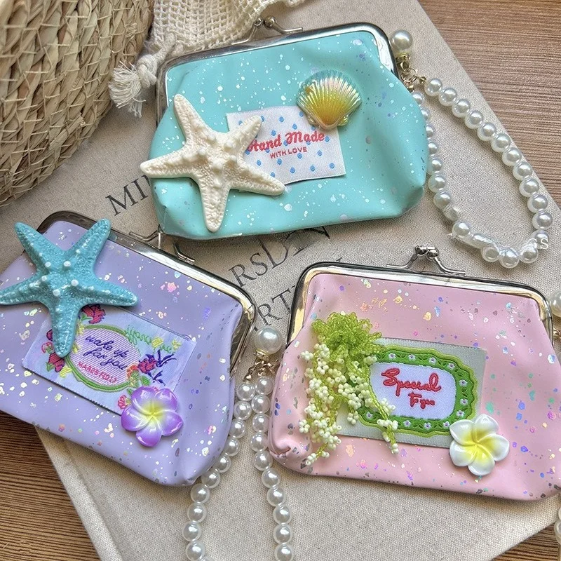 Summer Ocean Starfish Shell Kiss Lock Coin Purse Glitter Faux Leather Mini Crossbody Bag Detachable Pearl Chain Small Wallet