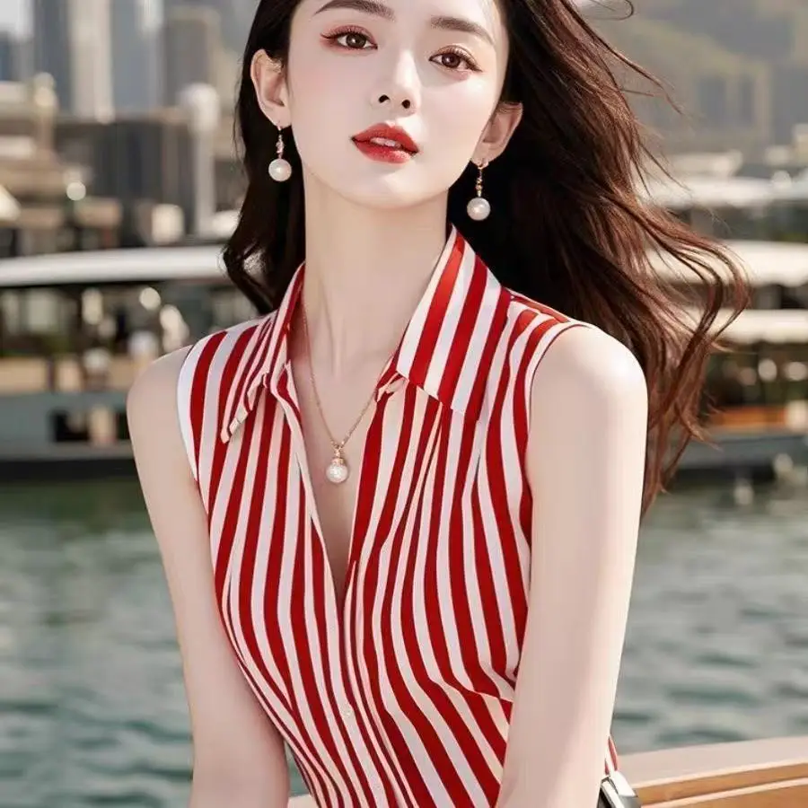 

Women Casual Solid Sleeveless Blouse Lapel Versatile T-Shirts Fashion Street Outdoor Summer Sleeveless Top Retro Striped vest