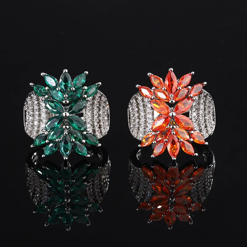 Maple Leaf Marquise Cubic Zirconia Open Ring Silver Plated Wide Band Adjustable Retro Women Wedding Banquet Statement Jewelry