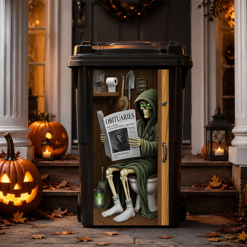Grim Reaper Skeleton Trash Can Sticker, Green Eyed Hooded Skull Self Adhesive Halloween Festival Home Decor Decal
