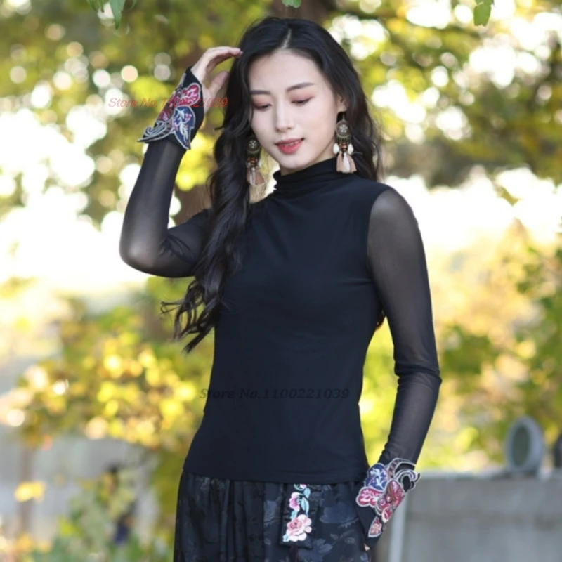 Camiseta tradicional china con bordado de flores nacionales, camisa folclórica de manga de malla, tops hanfu vintage, camisa base retro oriental, 2026