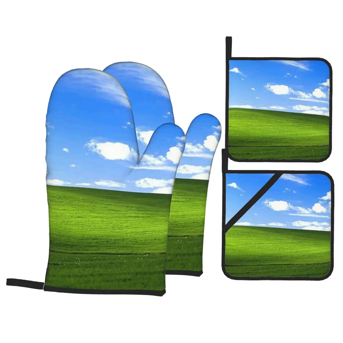 Windows XP Background Oven Mitts and Pot Holder Sets of 4 for Baking Kitchen Cooking Grilling Resistant Non-Slip Gloves