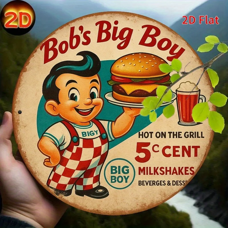 Vintage Rustic Bob's Big Boy Retro Burger Diner Food Advertisement 2D Flat Round Metal Tin Sign Wall Art Plaque For Kitchen Cafe