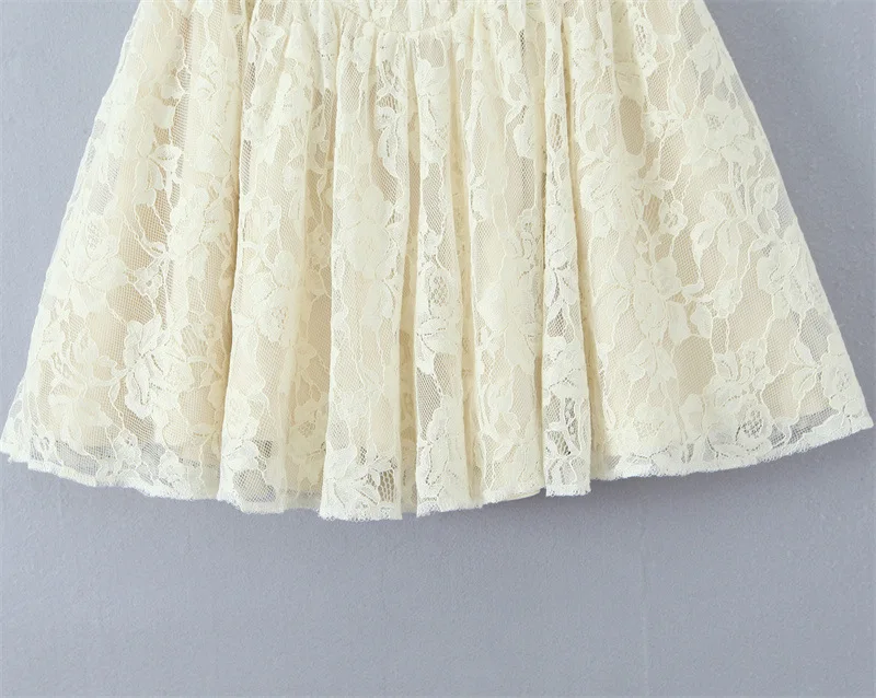 Sexy Apricot Sheer Lace Mesh Corset Style Sling Mini Dress Women Bow V neck Low Waist Pleated Swing Dresses Party