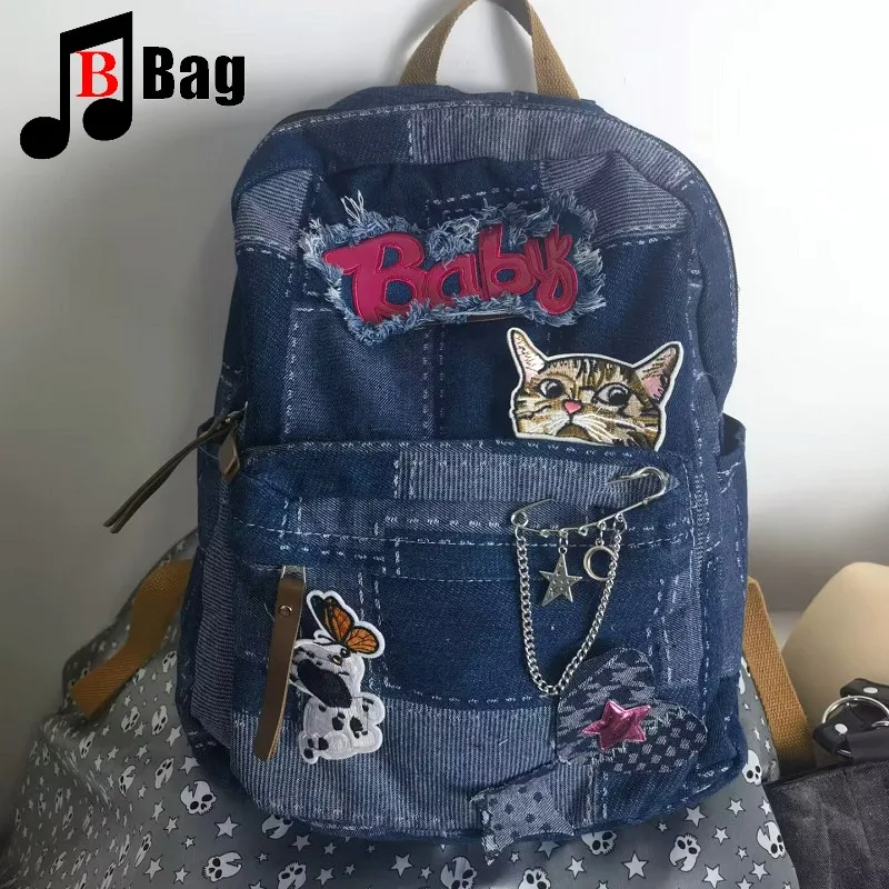 Harajuku Women Y2K Girl denim Lattice Backpack Students Large Capacity Backpacks book bag Computer Handbag School  Backpacks