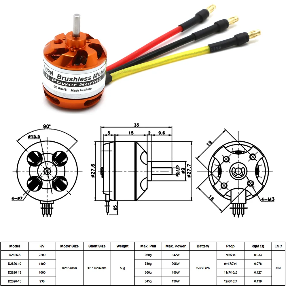 D2826 Brushless Motor 930KV 1000KV 1400KV 2200KV For RC Aircraft Plane Multi-copter Brushless Outrunner Motor