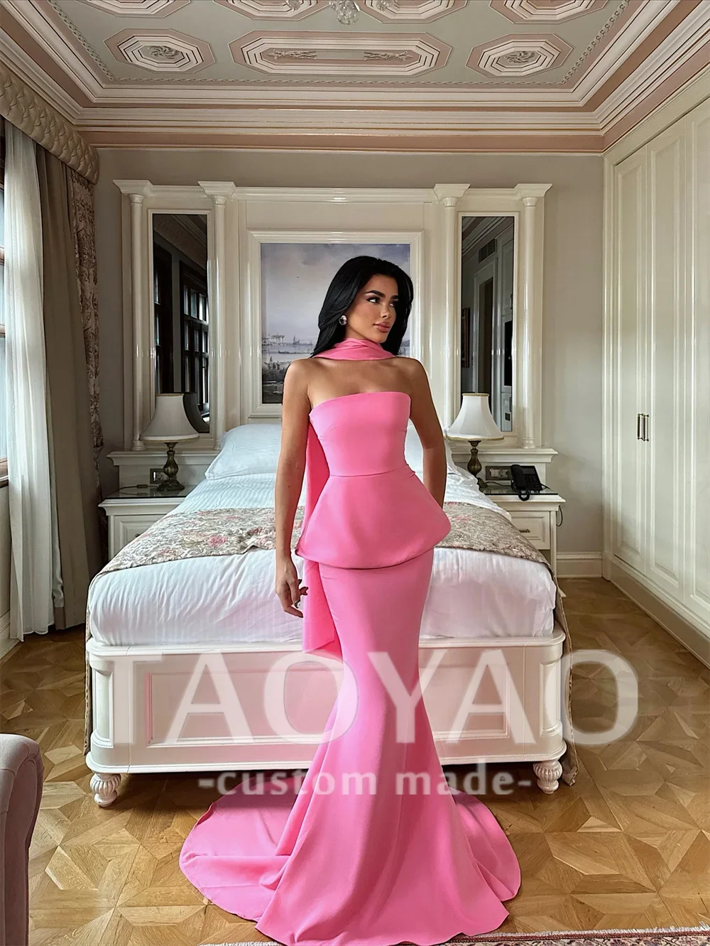 Elegante roze boothals avondjurken off-shoulder zeemeermin feestjurken op maat gemaakte beroemdheidsjurken luxe galajurk 2025