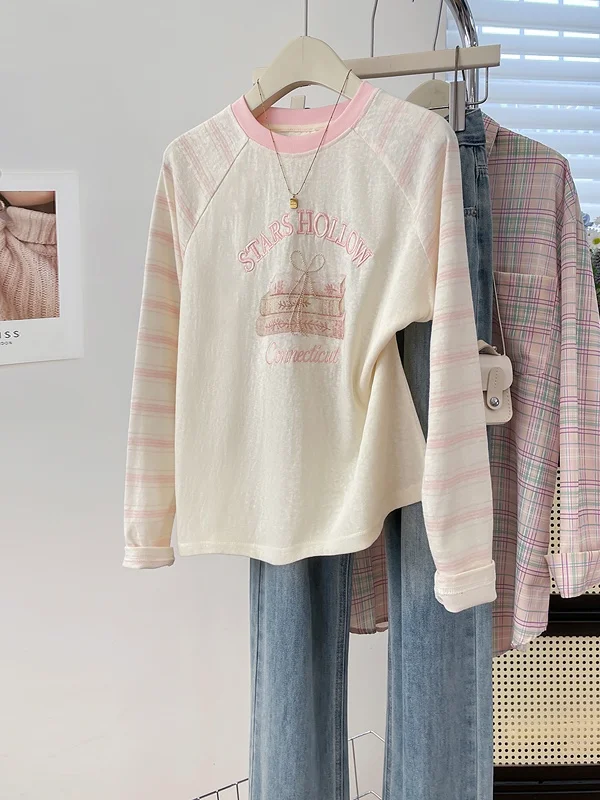 Loose Long Sleeve T-Shirt Women's Autumn Creative Book Print Casual Versatile Inner And Outer Wear Cotton Breathable round Neck