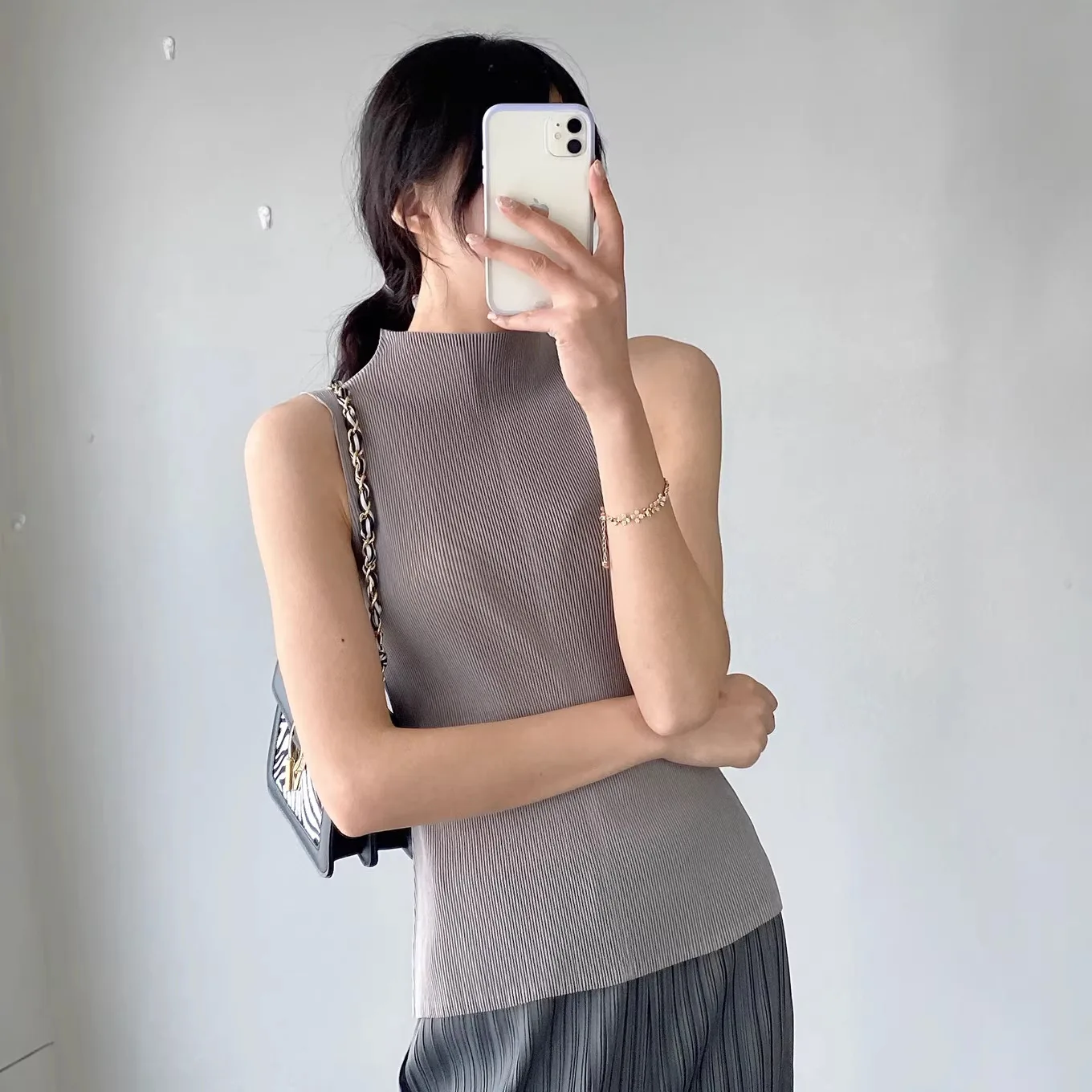 Miyake Pleated Solid High Neck Sleeveless Vertical Textured Fitted Tank Top Minimalist Chic Versatile Everyday Essential Tops