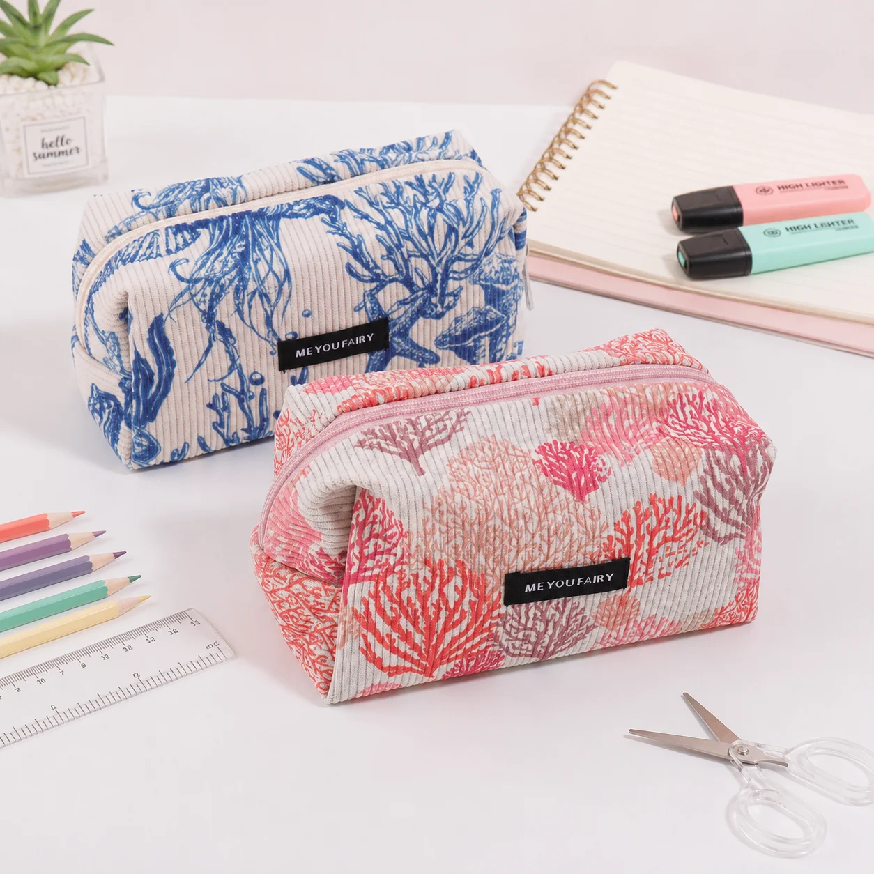 

Marine Coral Corduroy Zipper Pouch Large Capacity Smooth Zipper Stationery Cosmetic Organizer for Girls Women Travel Office Use