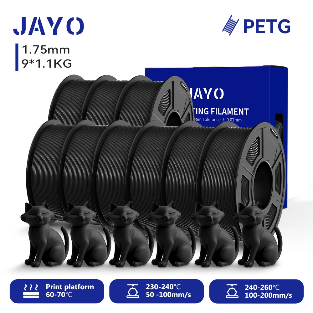 JAYO 9 Rollen 3D PETG/PETG Klares Druckerfilament 1,75 mm ±0,02 mm Hohe Zähigkeit & 100 % ordentlich gewickeltes Filament, passend für 99 % der 3D-FDM-Drucker