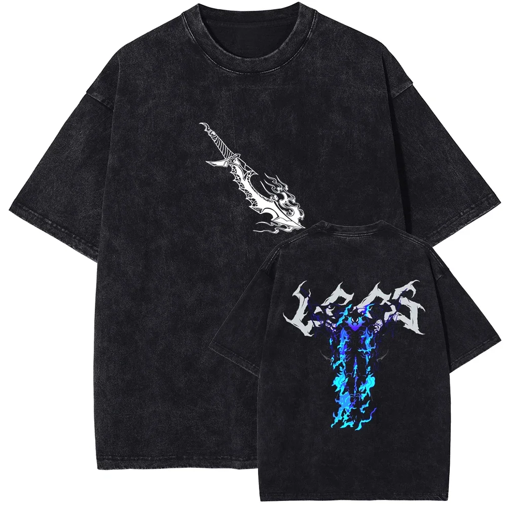Solo Leveling Igris T-shirt Manga Graphic T Shirt Vintage Washed Tshirts Short Sleeve Oversized Cotton Tee Men Women Clothing