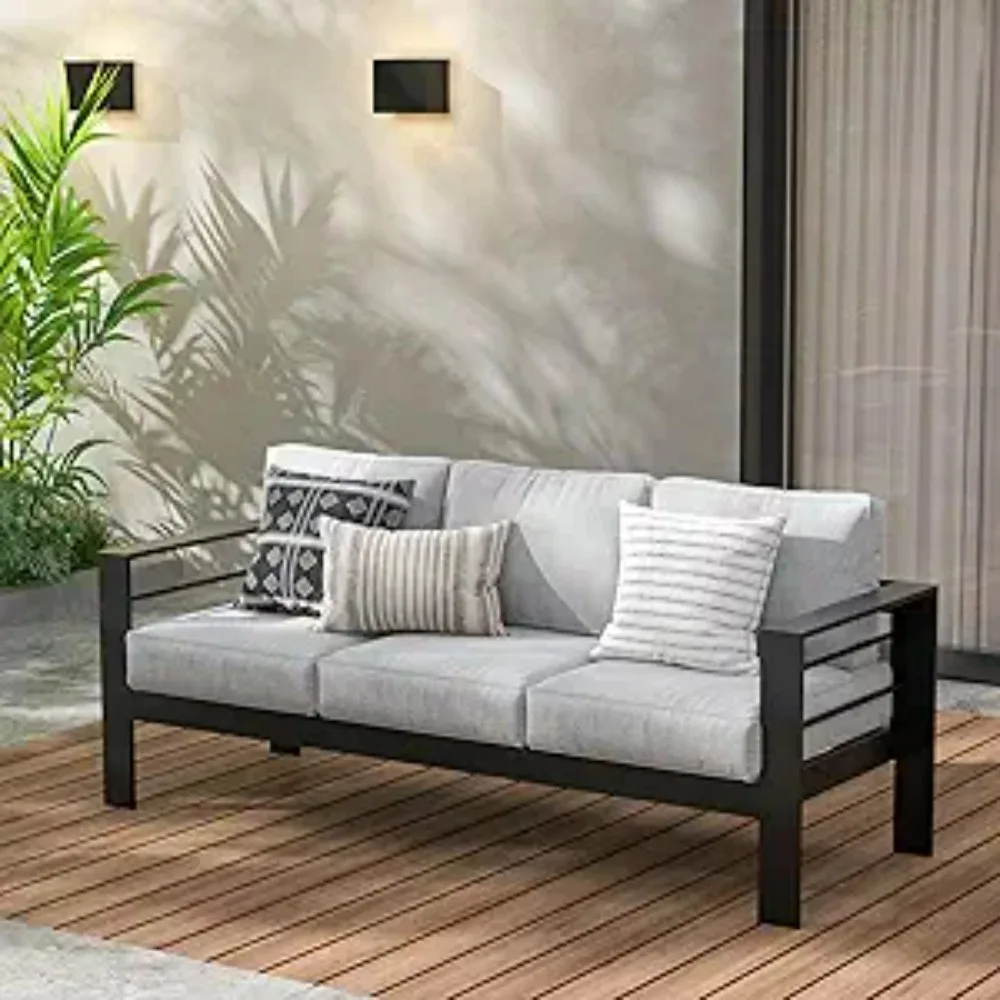 

Patio Furniture Aluminum Sofa, All-Weather Outdoor 3 Seats Couch, Black Metal Chair with Light Grey Cushions