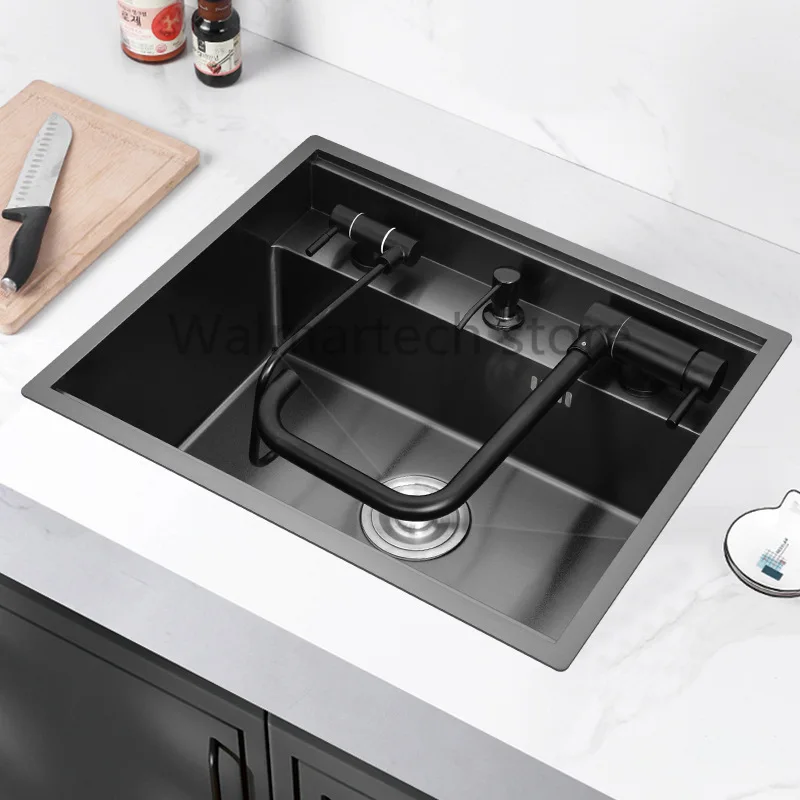 Stainless Steel Kitchen Sink with Folded Faucet Hidden  Basin Double Bowl Black  Nano Above Counter or Undermount