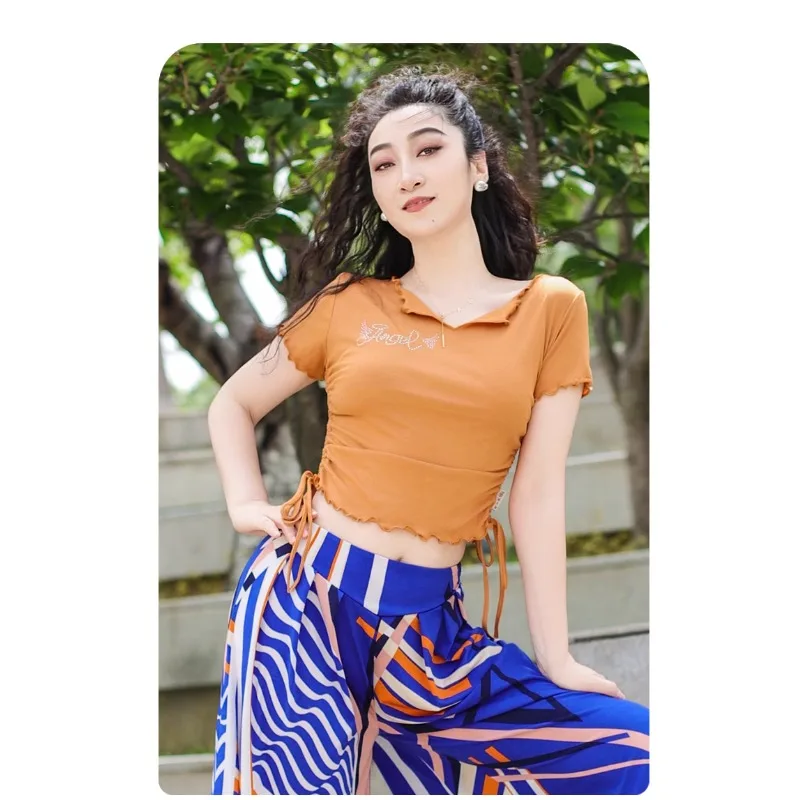 Aangepaste buikdans top korte mouw katoenen buikdanskostuums oefenkleding top yoga pilates vrouwelijk