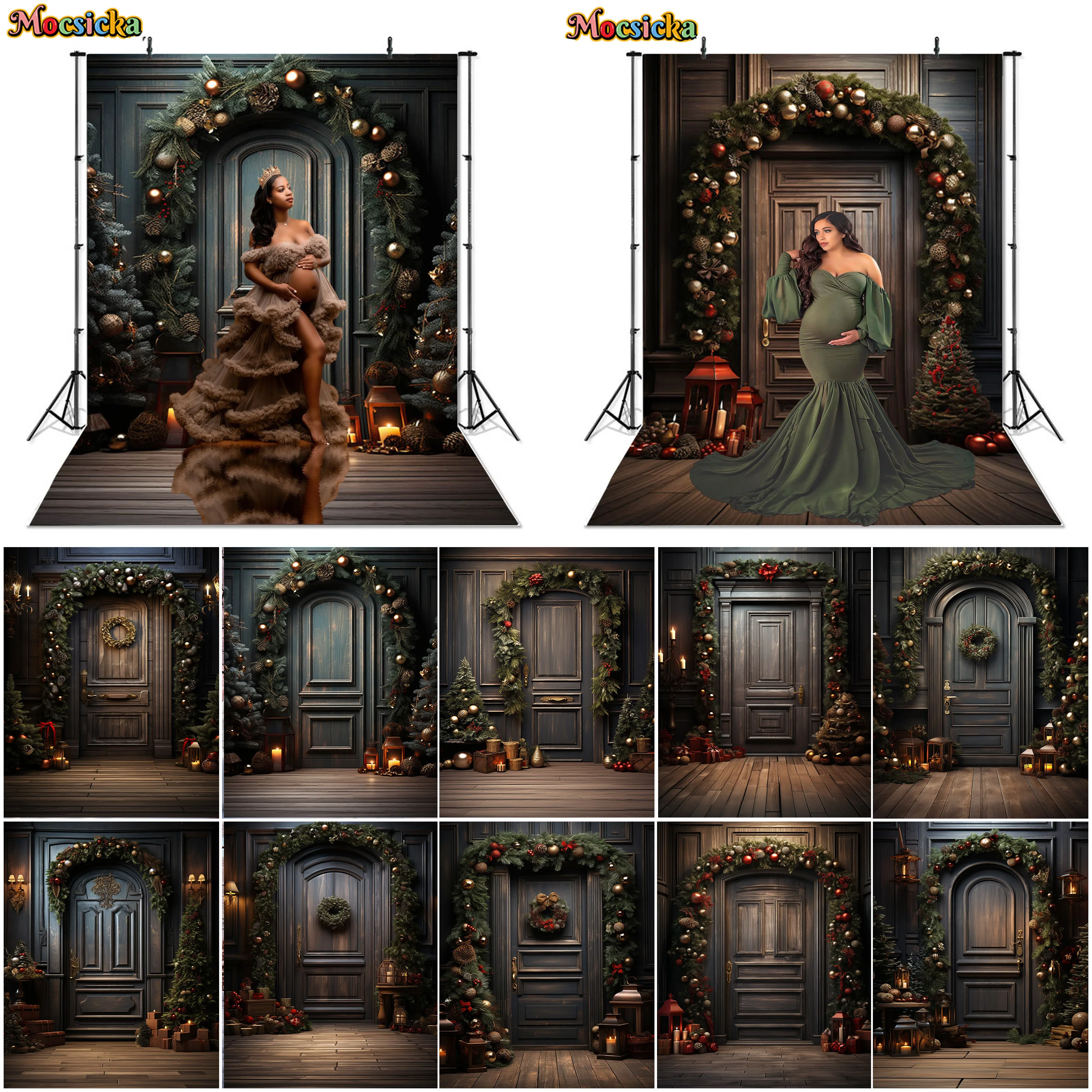 Mocsicka Photography Background Vintage Christmas Wooden Door Xmas Holiday Party Kid Family Portrait Decor Backdrop Photo Studio