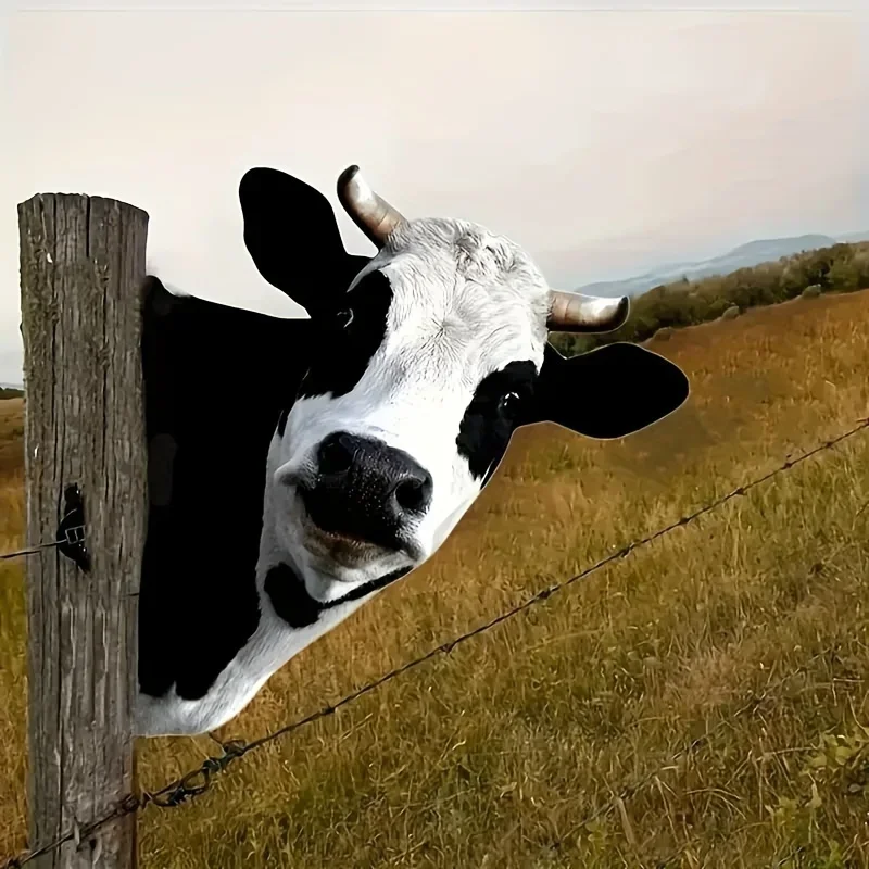 1pc Metal Black And White Farm Animal SculptureA Cat-Themed Cow Fence Sign And Wall Decoration Peeking from Behind a Tree Trunk