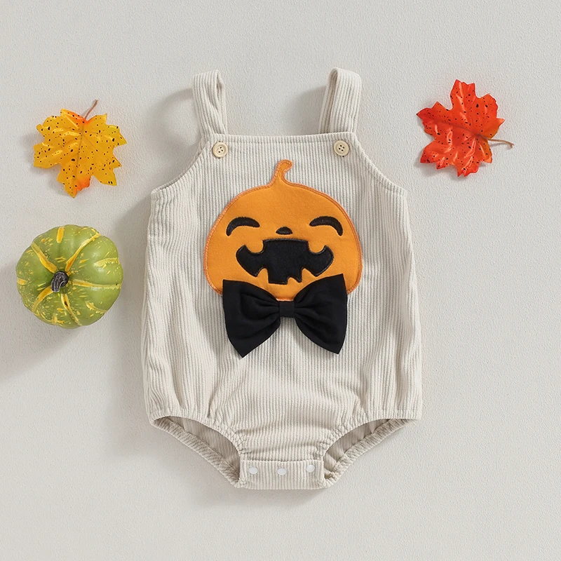 

Baby Girls Boys Corduroy Rompers Halloween Clothes Pumpkin Pattern Sleeveless Straps Jumpsuits Newborn Toddler Bodysuits