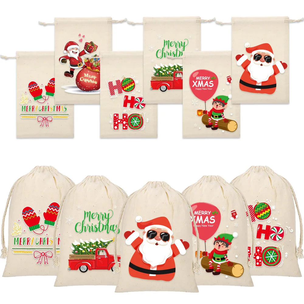 30pcs/lot Santa Claus Printing Cotton Drawstring Pouches Portable Travel Sundry Storage Bags Christmas Candy Gift Packaging Bag