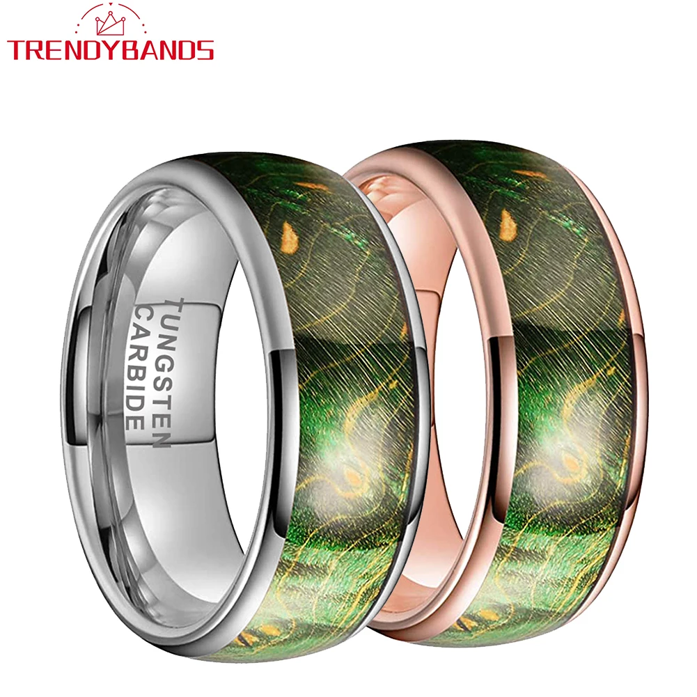 8mm Tungsten Ring for Men Women Wedding Band Green Dyed Elder Wood Inlay Domed Polished Shiny Comfort Fit