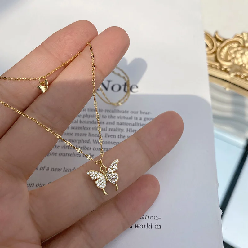 Simple Butterfly Double Layer Choker Necklace For Women Shiny Crystal Butterfly Pendants Clavicle Chain Elegant Wedding Jewelry