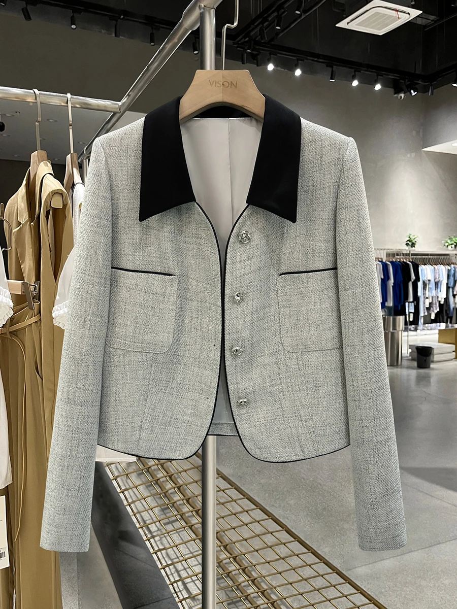 

Женский пиджак-блейзер в стиле колор-блок, премиум-качество, весна-осень, на пуговицах, из смесового полиэстера, с коротким рукавом