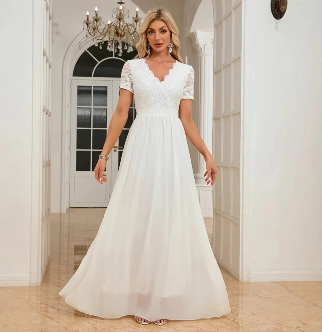 

New Short-sleeved Long Dress Women High Waist V-neck Slim-fit Dinner Long Dress Solid Color Elegant Dress