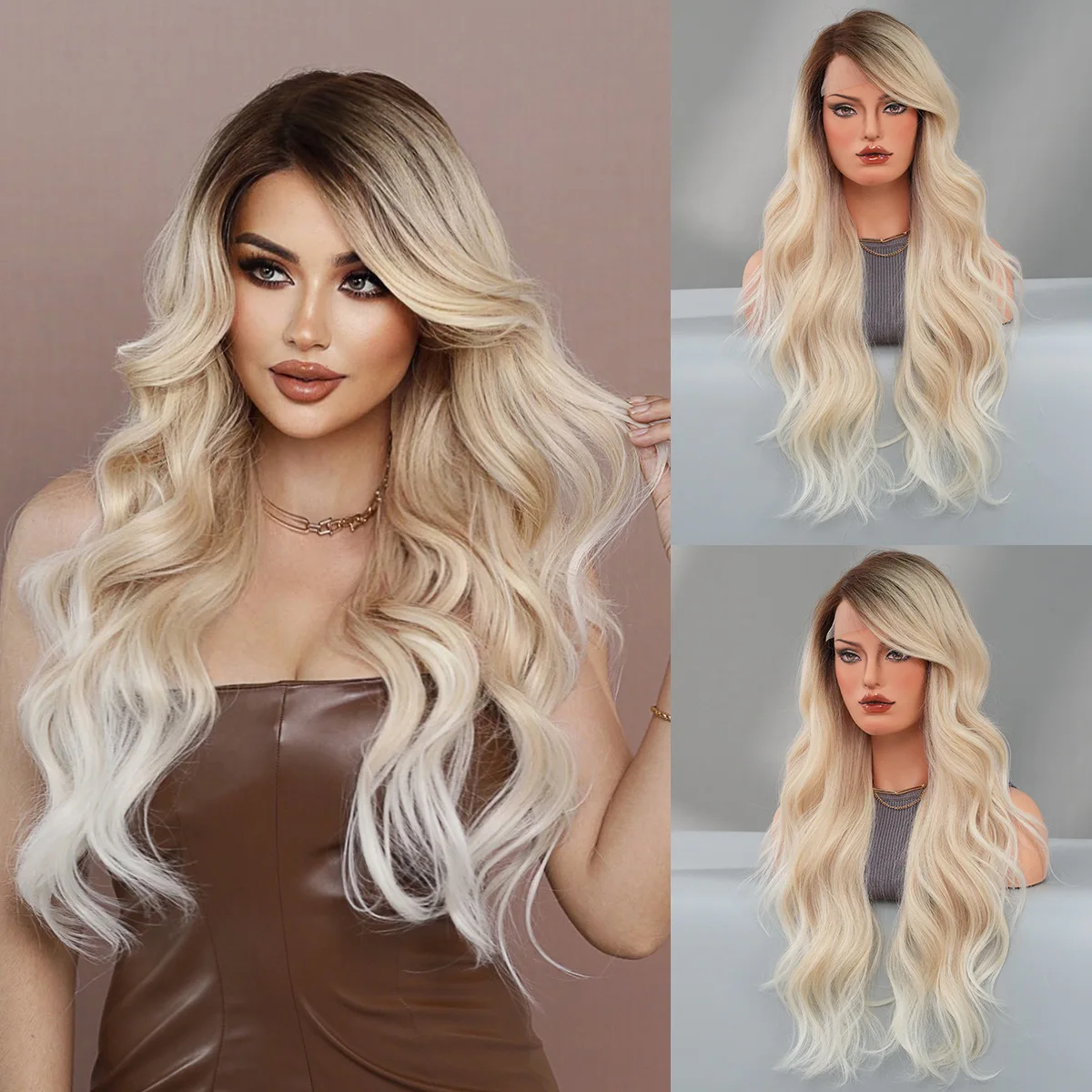 side of the wig is divided into champagne gold gradients, large waves, chemical fiber lace wigs, and the whole top